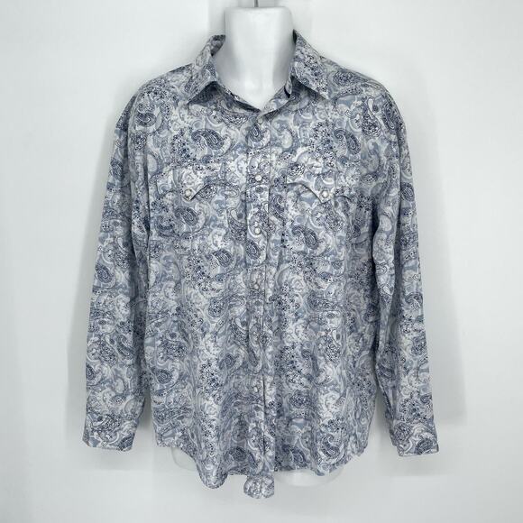 Rough Stock Panhandle Slim Men's Shirt Pearl Snaps Paisley Size L Blue White - Picture 1 of 9